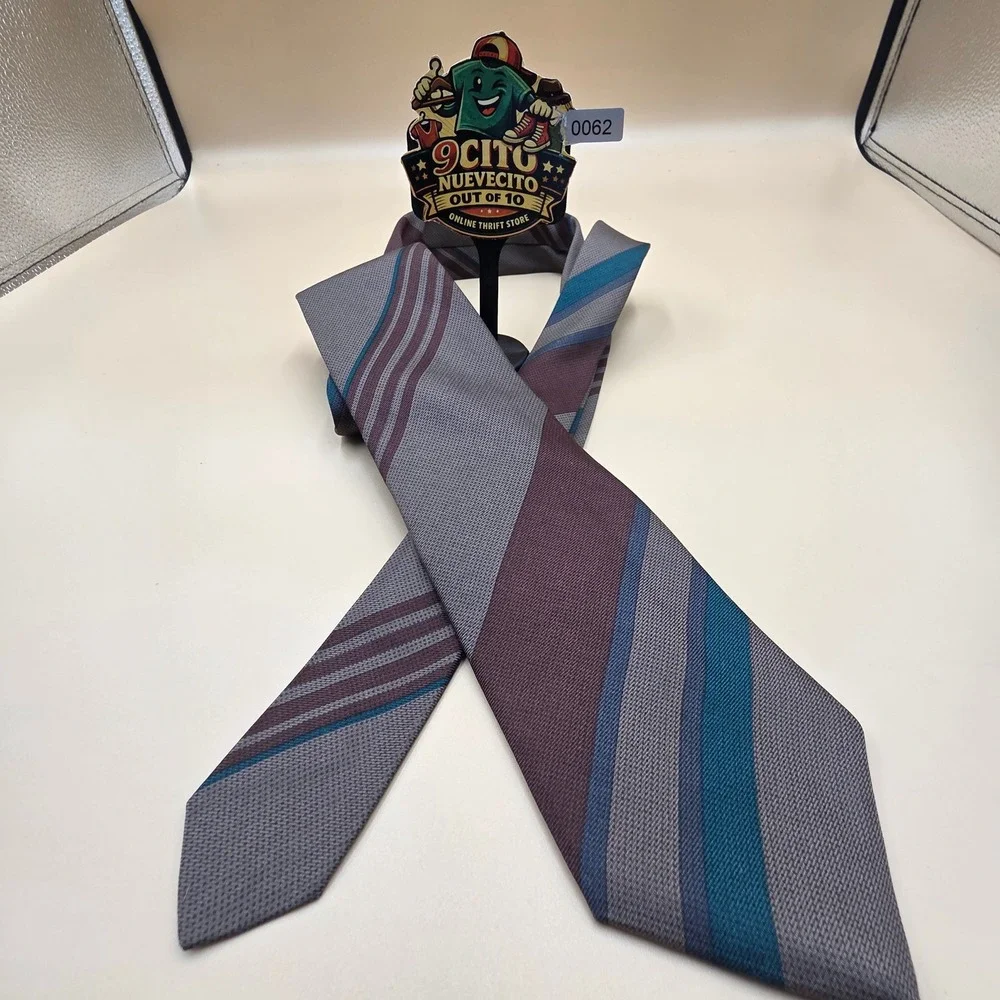 Henry Grethel Mens Silk Tie Grey Burgundy Teal Diagonal Stripe Textured 3.75